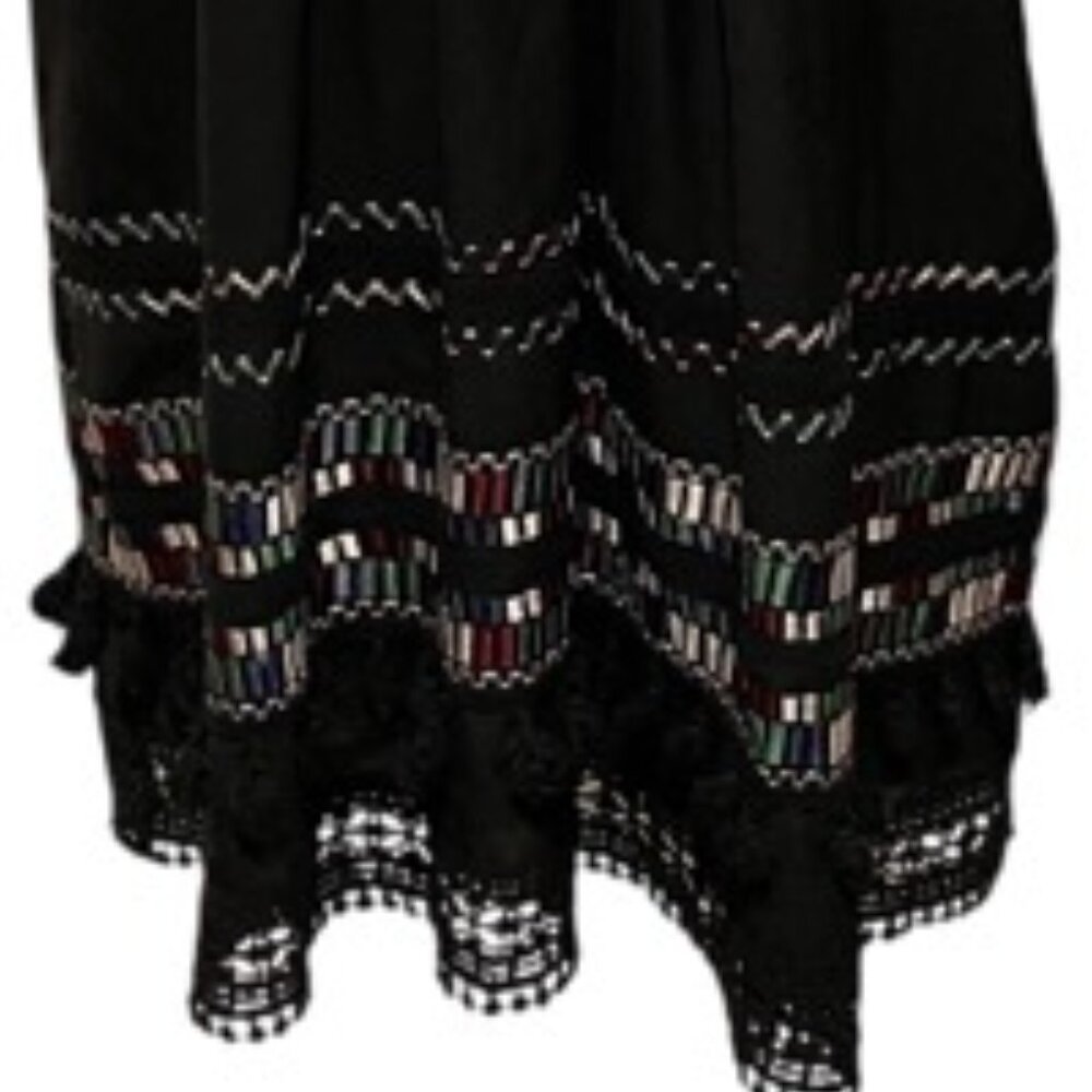 Ranna Gill Anthropologie Medium Black Embroidered Pom Pom V Neck Dress - Picture 5 of 8